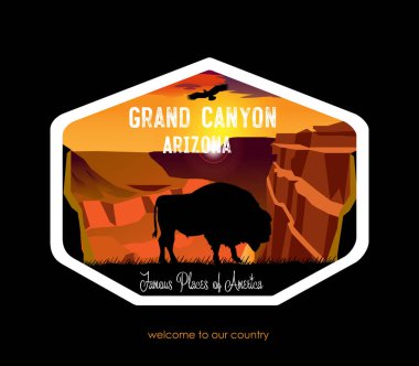 Vektör çizimi. Büyük Kanyon manzarası. Yalnız bir bizonla akşam gökyüzü. Arizona