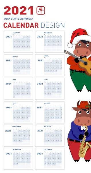 2021 Modelo Calendário Signo Zodíaco Chinês Ano Boi Vacas Engraçadas — Vetor de Stock