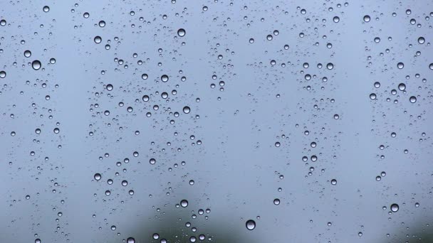 Krople wody w okno, podczas gdy pada deszcz — Wideo stockowe