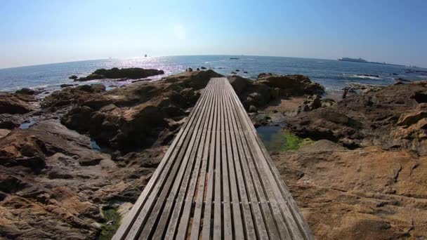 Fából készült átjáró közelében az óceánon — Stock videók