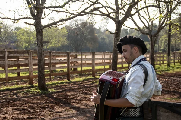 Açık havada mızıka çalan tipik kostümlü Gaucho çocuğu..