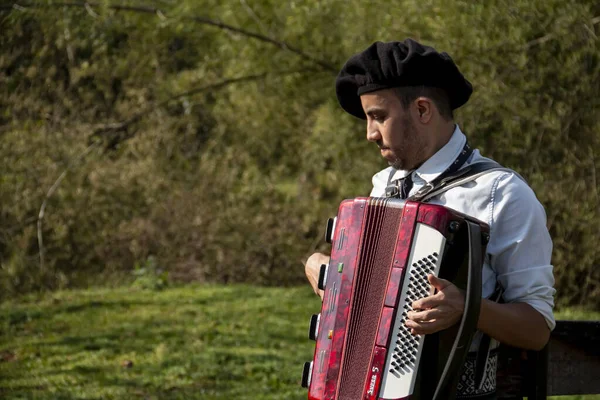 Açık havada mızıka çalan tipik kostümlü Gaucho çocuğu..