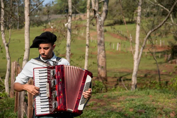 Açık havada mızıka çalan tipik kostümlü Gaucho çocuğu..