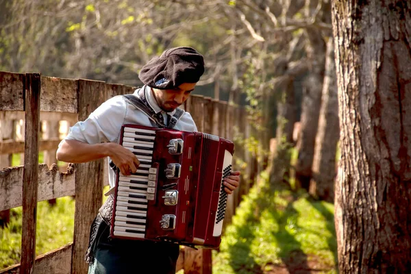 Açık havada mızıka çalan tipik kostümlü Gaucho çocuğu..