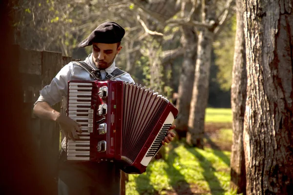 Açık havada mızıka çalan tipik kostümlü Gaucho çocuğu..