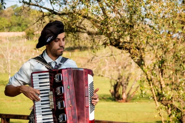 Açık havada mızıka çalan tipik kostümlü Gaucho çocuğu..