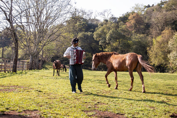 Gaucho playing harmonica among the horses.