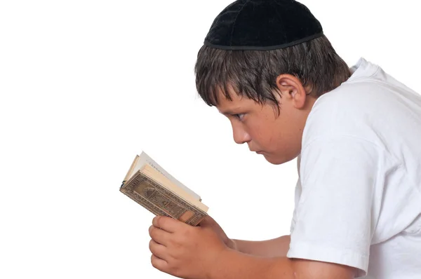 Niño Judío Leyendo Torá Libro Oraciones Aislado Blanco — Foto de Stock