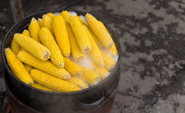 Corn Cobs Boiling Hot Water Large Pot Flea Market — Stock Photo, Image