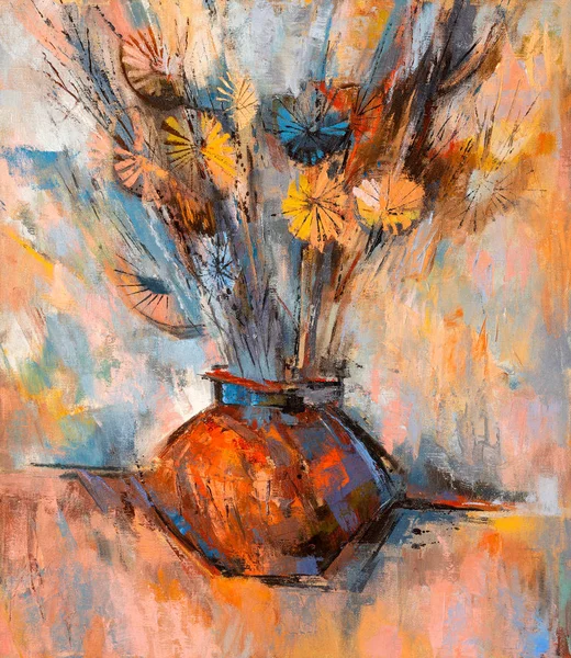 Stylized modern oil painting of flowers in vase.