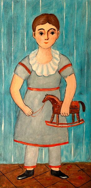 Naïf Art Populaire Vintage Peinture Fille Avec Cheval Jouet Bascule Images De Stock Libres De Droits