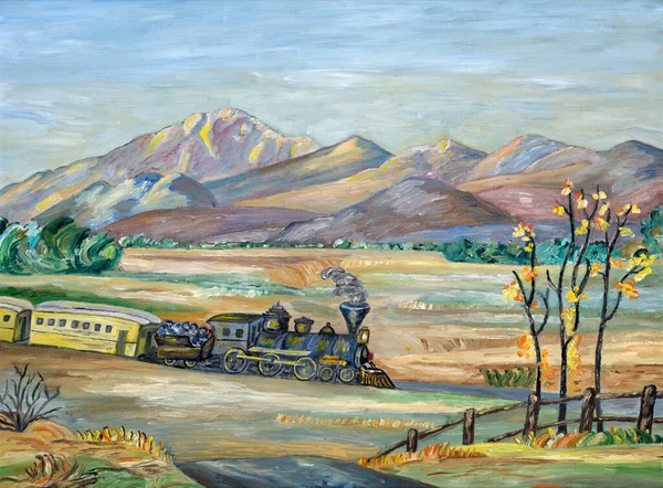 Um trem que se move através selvagem selvagem oeste ingênuo pintura — Fotografia de Stock