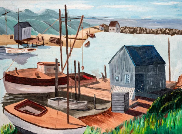 Barcos e barracas de pescadores na pintura a óleo do porto — Fotografia de Stock