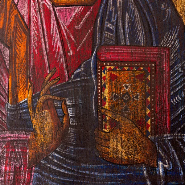 Detalhe Ícone Bizantino Ortodoxo Jesus Cristo Bênção Mão Segurando Bíblia — Fotografia de Stock