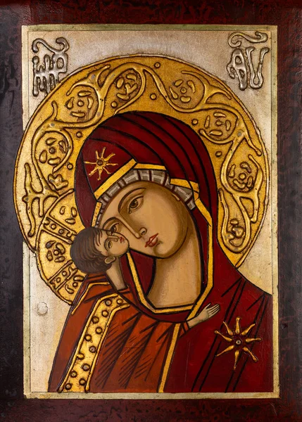 Ikona Namalovaná Byzantském Nebo Ortodoxním Stylu Zobrazující Pannu Marii Ježíše — Stock fotografie