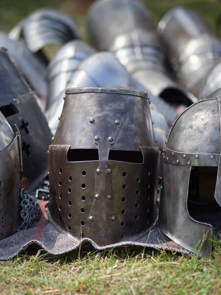 Medieval metal helmets close up