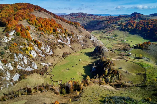 Horská Krajina Podzimní Ráno Fundatura Ponorului Rumunsko Letecký Pohled — Stock fotografie