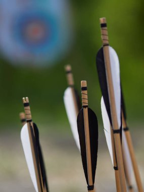 el okları Ortaçağ tarzı her ok tüy üzerinde siyah ve beyaz renk ile hazırlanmış.