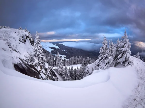 Pejzaż Zimowy Drzew Gór Pokryte Śniegiem Mrozem — Zdjęcie stockowe