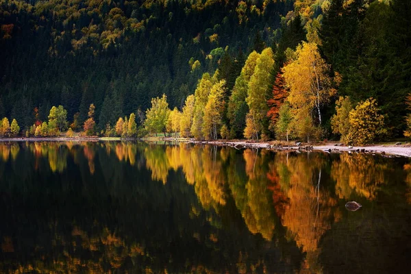 Осінній Пейзаж Горах Деревами Відбиваються Воді Озері Сент Ана Румунія — стокове фото