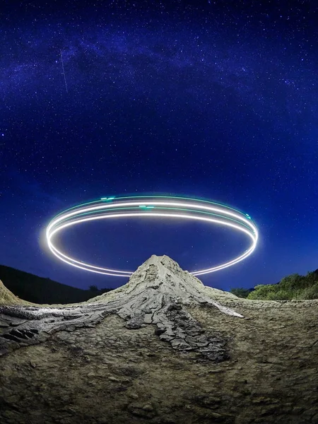 Paisaje Con Volcanes Fangosos Bajo Impresionante Cielo Nocturno Condado Buzau — Foto de Stock