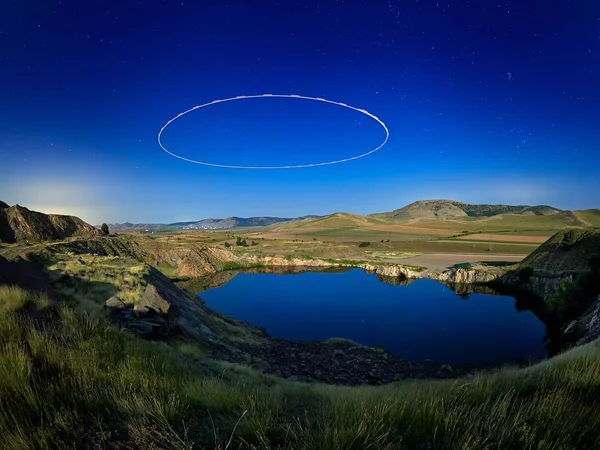 Paisaje Con Lago Por Noche Iin Dobrogea Rumania — Foto de Stock