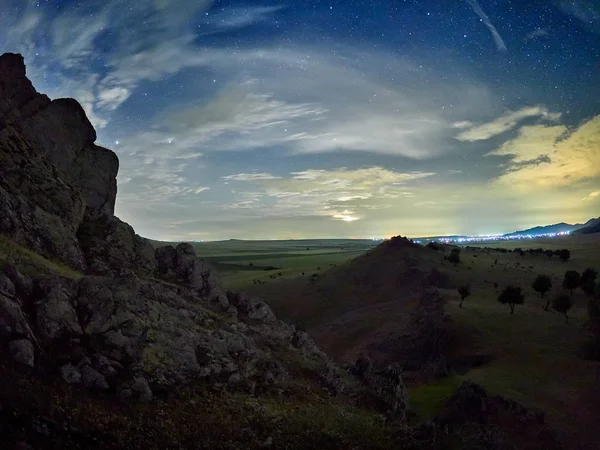 Paisaje Nocturno Con Vía Láctea Sobre Los Campos Dobrogea Rumania — Foto de Stock