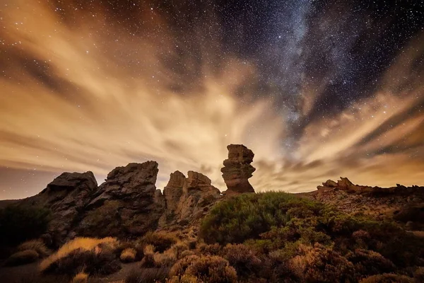 Cielo Nocturno Con Vía Láctea Cráter Teida Tenerife España — Foto de Stock