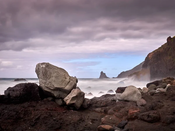 Kilátás Benijo Strand Felhős Este Tenerife Kanári Szigetek Spanyolország — Stock Fotó