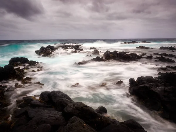 Plage Volcans Sauvages Noirs Lanzarote Espagne Image Longue Exposition — Photo