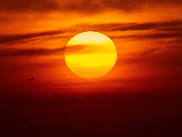 Große Schöne Sonnenuntergangssonne Gutes Abendwetter Himmel Mit Schattierungen Von Gelb — Stockfoto