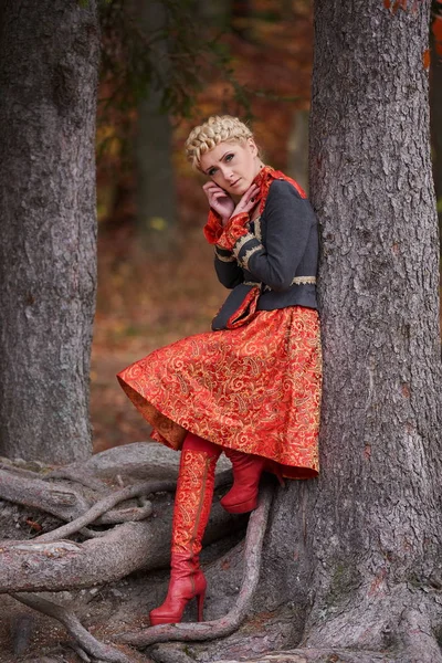 Beautiful Elegant Blonde Woman Autumn Forest — Stock Photo, Image