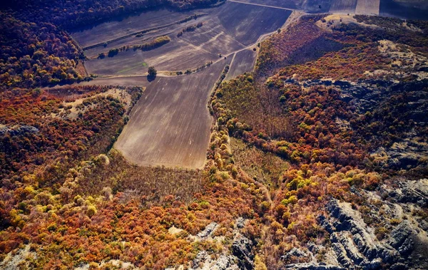 Inspirerende Luchtfoto Landschap Herfst Bos Velden Drone Oogpunt Inspirerend Herfst — Stockfoto