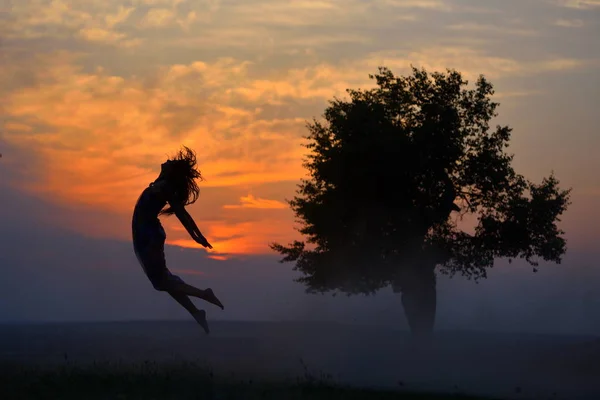 Νεαρή Γυναίκα Ευτυχισμένη Στο Πεδίο Στο Καλοκαίρι Ηλιοβασίλεμα — Φωτογραφία Αρχείου