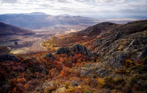 Inspirational aerial landscape, autumn forest and fields, drone point of view. Inspiring autumn  landscape panorama from Dobrogea, Romania