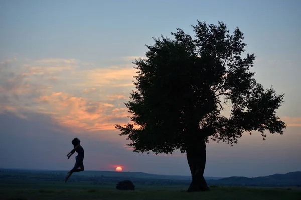 Jeune Femme Heureuse Sur Terrain Été Coucher Soleil — Photo