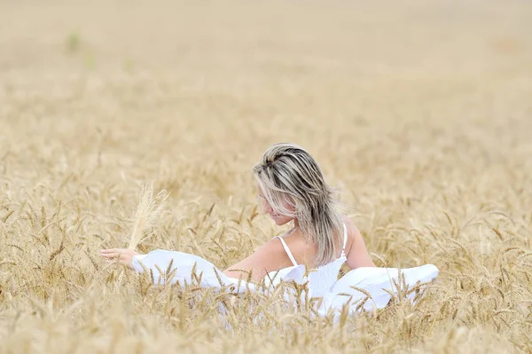 Jonge Mooie Vrouw Gouden Veld Zomer — Stockfoto