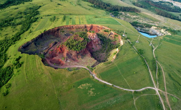aerial view of volcanic crater in Racos village,  Brasov county, Romania