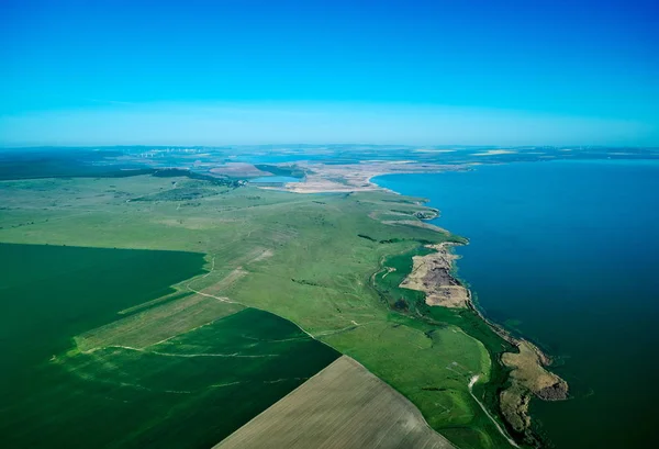 aerial view of the Danube river shore in summer, Dobrogea, Romania