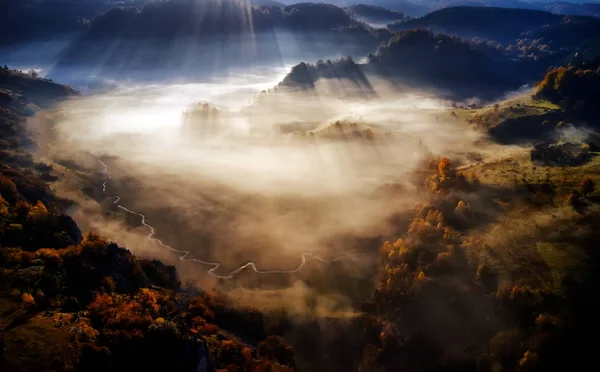 Berglandschaft Herbstmorgen Fundatura Ponorului Rumänien Luftaufnahme — Stockfoto