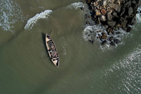 Vue Aérienne Bateau Pêche Solitaire Bois Sur Rivage Vadu Roumanie — Photo