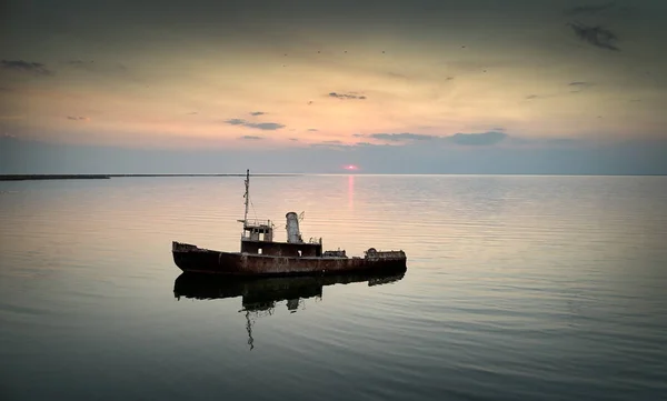 Verlassenes Schiffswrack Tuzla Rumänien Bei Sonnenuntergang Luftaufnahme — Stockfoto