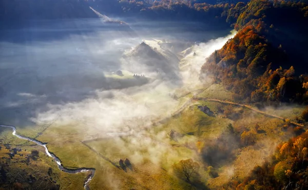 Paisagem Montanhosa Manhã Outono Fundatura Ponorului Romênia Vista Aérea — Fotografia de Stock