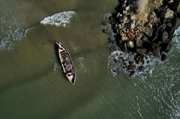 Vue Aérienne Bateau Pêche Solitaire Bois Sur Rivage Vadu Roumanie — Photo