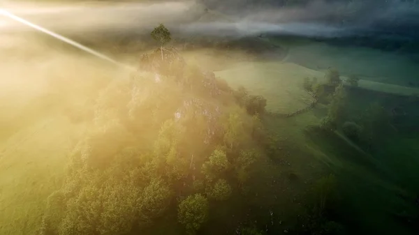 Horská Krajina Podzimní Ráno Fundatura Ponorului Rumunsko Letecký Pohled — Stock fotografie