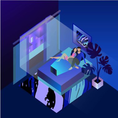 Çift bir yatak odasında. Boş zaman. Ev. 3D izometrik çizimde