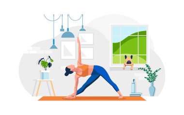 Evde minderde yoga egzersizi yapan genç bir kadın. Bir köpek pencere pervazında yatıyor. Pencereli oturma odası, bitkiler, kız, lambalar, ev içi aktiviteler. Düz vektör illüstrasyonu. 