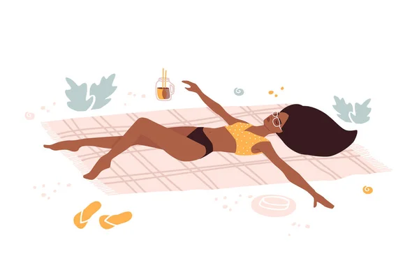 Chica Relajante Tomar Sol Hierba Hora Verano Vista Superior Mujer — Vector de stock