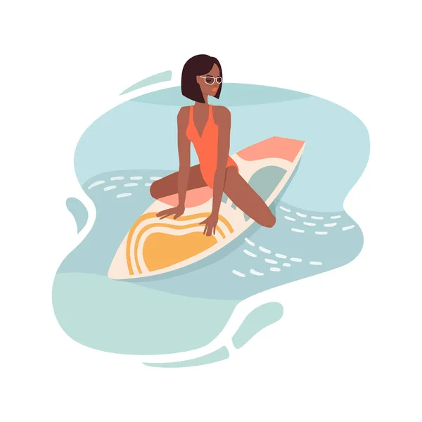 Élégante Fille Mode Lunettes Soleil Assoit Sur Une Planche Surf — Image vectorielle