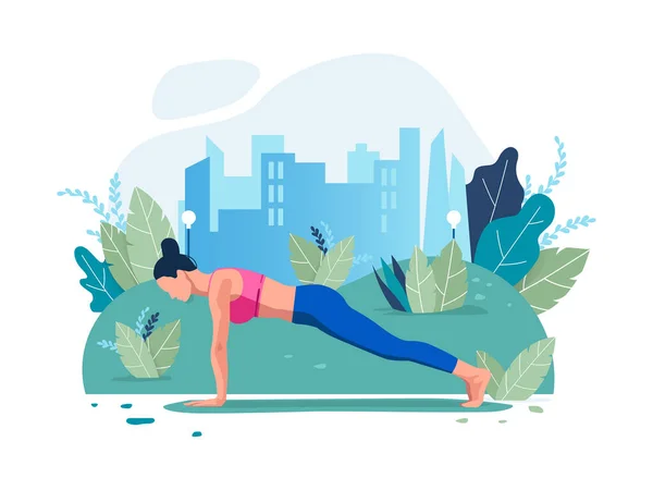 Young Girl Yoga Pose Open Air Exercise City Park Trees — Stock Vector